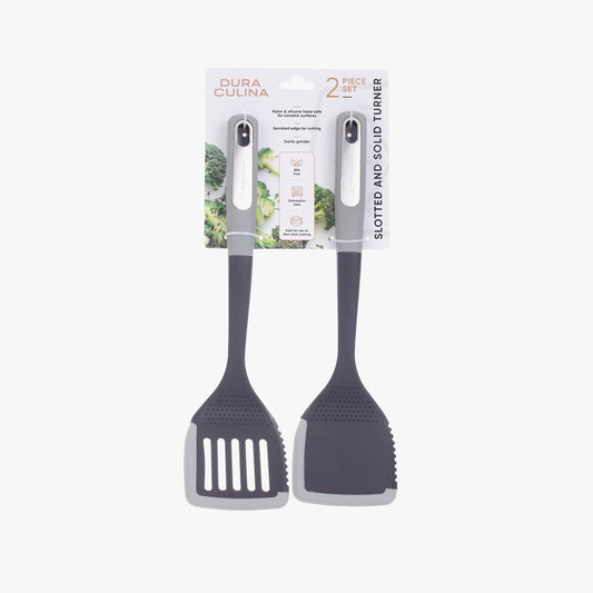 2-Piece Nylon Turner Set - Slotted & Solid Turner with Silicone Edge, Scratch-Proof, Heat Resistant Soft Grip Handles